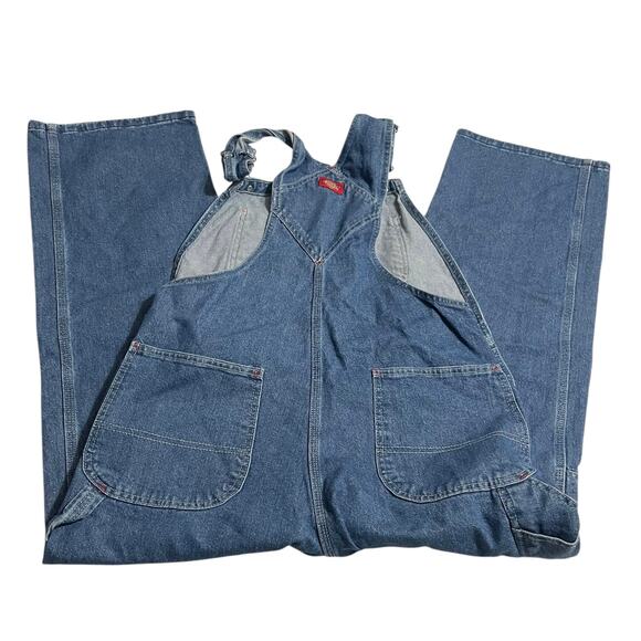Dickies Mens Size 32 Carpenter Blue Denim Triple Stitch Bib Overalls Side Button - Picture 5 of 10